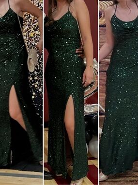Morgan & Co. Dark Green Sequin Cowl Slip Prom Gown with Side Slit